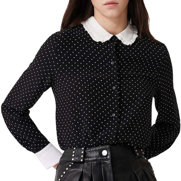 $220 Maje Black Polka Dot Collared Calicia Blouse top size 1/Small - Picture 1 of 11
